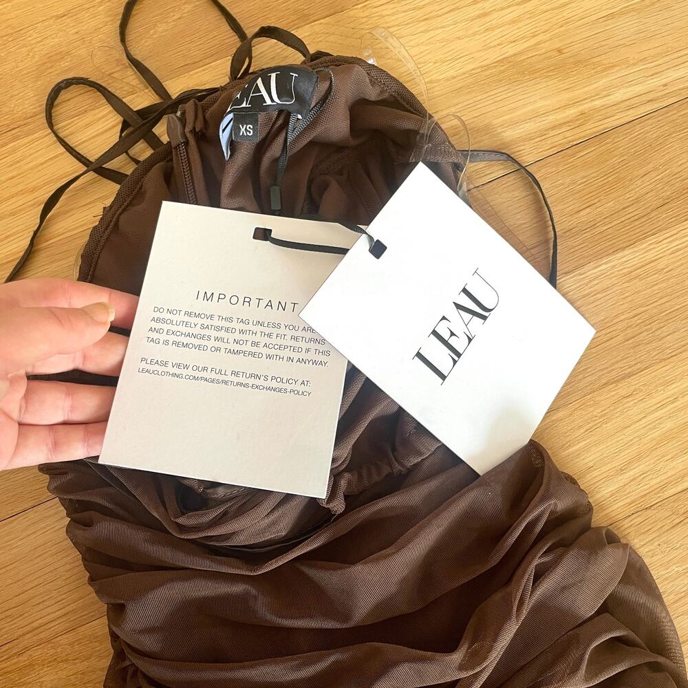 NWT LEAU Seoul Strap Cut-out Mesh Bodycon Dress Strappy Ruched Brown Sz XS Sexy - Picture 5 of 12